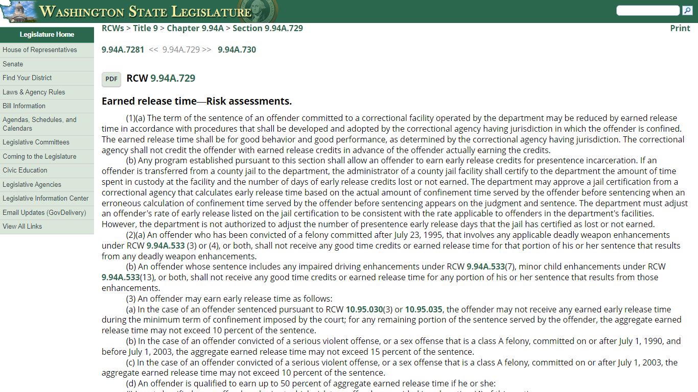 RCW 9.94A.729: Earned release time—Risk assessments. - Washington